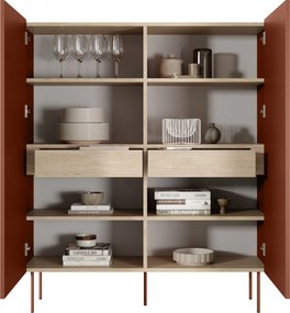 Comodă înaltă Desin 120 cm cu două uși și sertare ascunse - ceramic red / stejar nagano