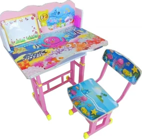 Birou copii din MDF cu jucarii interactive Novokids™ My first desk, dimensiuni 68X43X65, cadru metalic, masuta copii, Roz cu albastru