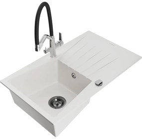 Mexen Cesar chiuvetă de granit cu 1 compartiment, cu picurător și baterie de bucătărie Duo, alb - 6514-20-671701-07-B