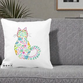 Perna Decorativa Pisica Florala Acuarela, 40x40 cm, Alba Mata, Husa Detasabila, Perna Inclusa, BEKZ®