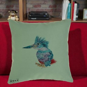 Perna Decorativa Pasare Martin Pescar Acuarela Albastru-Mov, 40x40 cm, Verde, Husa Detasabila, Perna Inclusa, BEKZ®