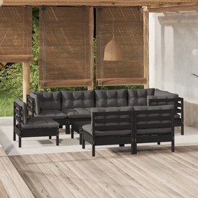 3096476 vidaXL Set mobilier grădină cu perne, 9 piese, negru, lemn masiv pin