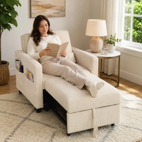 HOMCOM Fotoliu Extensibil 3 în 1 Pliabil cu Spătar Reglabil, Material cu Aspect de In, 78 x 94,5 x 83 cm, Alb Crem | Aosom Romania