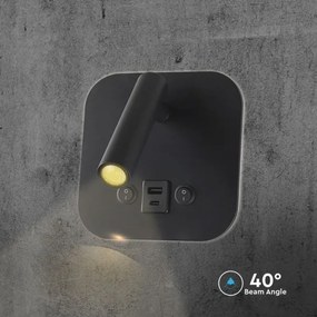 Aplica spot LED de perete cu port USB, 8W, 230V, 3000K, negru