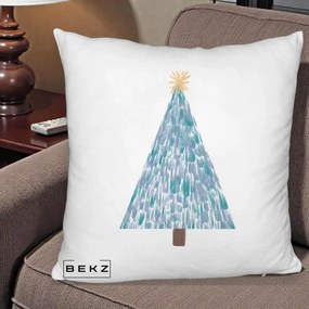 Perna Decorativa Brad de Craciun Acrilic Albastru, 40x40 cm, Alb Pufos, Husa Detasabila, Perna Inclusa, BEKZ®