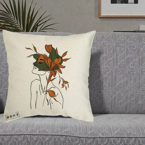 Perna Decorativa Portret Feminin Crin Auriu, 40x40 cm, Ecru, Husa Detasabila, Perna Inclusa, BEKZ®