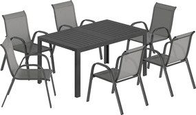 Outsunny Set Masă și Scaune de Grădină 7 Piese, Set Prânz Exterior cu Masă Dreptunghiulară, 6 Scaune Stivuibile din Textilenă, Set Mobilier de Grădină pentru Terasă, Balcon, Patio, Gri Deschis | Aosom Romania