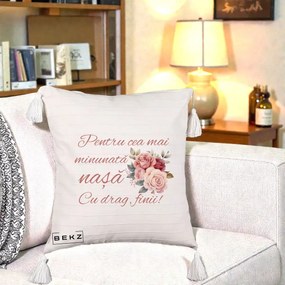 Cadou pentru Nasa - Perna Personalizata Pentru Cea mai Minunata Nasa Cu drag Finii, 40x40 cm, Bej cu Franjuri, Husa Detasabila, Perna Inclusa, BEKZ®
