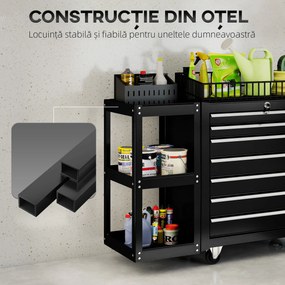 HOMCOM Cărucior pentru Unelte din Oțel cu 7 Sertare, Poliță Laterală Detașabilă, Roți, Capacitate 120kg, Negru | Aosom Romania