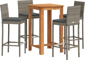 vidaXL Set bar de grădină, 5 piese, gri, lemn masiv acacia/ poliratan