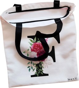 Sacosa de Panza pentru Cumparaturi, Geanta Tote, Cu litera F si Trandafiri, Cu fermoar, 38x34.5 cm, Alba, BEKZ®