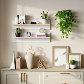 HOMCOM Set 2 Rafturi de Perete pentru Casă și Birou, Rafturi din Lemn pentru Bucătărie și Living, 80x16.5x20 cm, Alb și Lemn Natural | Aosom Romania