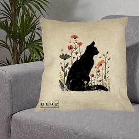 Perna Decorativa Pisica Neagra Profil Flori Portocalii, 40x40 cm, Crem, Husa Detasabila, Perna Inclusa, BEKZ®