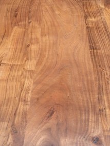 Masă dining cu bancă din lemn masiv de acacia, maro, 8 locuri, cu margini naturale și bază din metal negru, 77,5 x 180 x 96,5 cm, „Frequency”