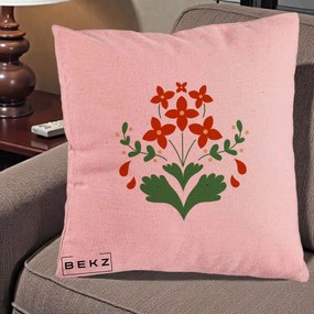 Perna Decorativa Buchet Floral Folk Rosu-Verde, 40x40 cm, Roz, Husa Detasabila, Perna Inclusa, BEKZ®