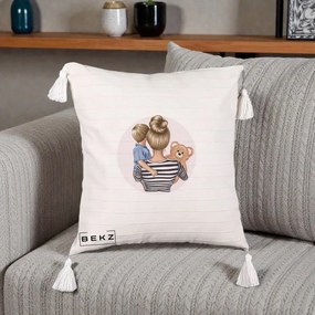 Cadou pentru Mama - Perna Personalizata Mama si Baietelul cu Ursulet, 40x40 cm, Bej cu Franjuri, Husa Detasabila, Perna Inclusa, BEKZ®