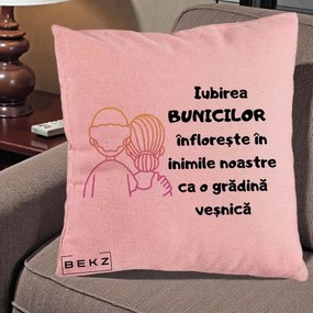 Cadou pentru Bunici - Perna Personalizata Iubirea Bunicilor Infloreste Cuplu Line Art Gradient, 40x40 cm, Roz, Husa Detasabila, Perna Inclusa, BEKZ®