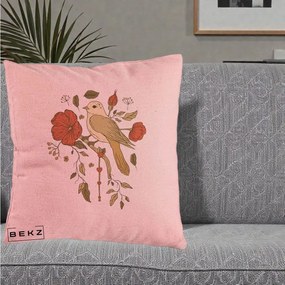 Perna Decorativa Pasare pe Ramura cu Maci, 40x40 cm, Roz, Husa Detasabila, Perna Inclusa, BEKZ®