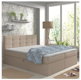 Pat tapițat EMBER 180x200 cm, bej, cu saltele, topper și spațiu de depozitare integrat