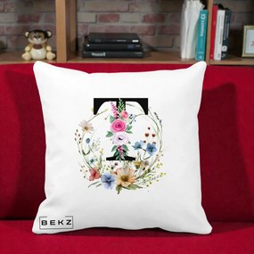 Cadou Personalizat - Perna Personalizata Monogram Litera T cu Flori Acuarela, 40x40 cm, Alba Mata, Husa Detasabila, Perna Inclusa, BEKZ®