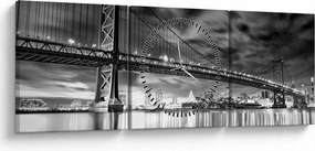 Tablou - Podul Benjamin Franklin, Philadelphia, alb-negru (cu ceas) (90x30 cm)