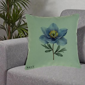 Perna Decorativa Anemona Albastra Botanica, 40x40 cm, Verde, Husa Detasabila, Perna Inclusa, BEKZ®