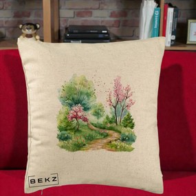Perna Decorativa Gradina Primavara Acuarela, 40x40 cm, Bej, Husa Detasabila, Perna Inclusa, BEKZ®