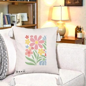 Perna Decorativa Flori Grafice Roz Pastel, 40x40 cm, Bej cu Franjuri, Husa Detasabila, Perna Inclusa, BEKZ®
