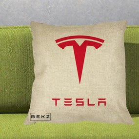 Perna Personalizata cu emblema Tesla, 40x40 cm, Crem, Husa Detasabila, Perna Inclusa, BEKZ®