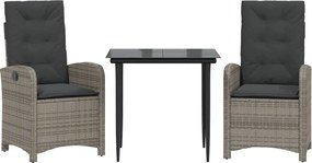 vidaXL Set mobilier de grădină cu perne, 3 piese, gri, poliratan