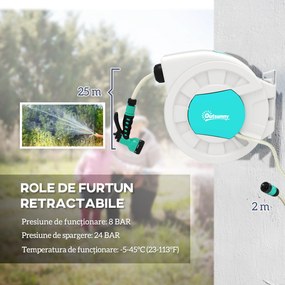 Outsunny Tambur furtun pentru udare suport furtun de apă 25+2 m suport de perete + mâner pivotant la 180° 55 x 20 x 42 cm gri deschis | Aosom Romania