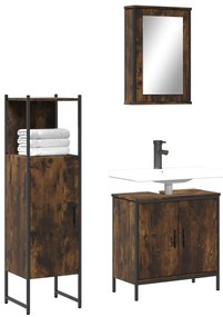 vidaXL Set mobilier de baie, 3 piese, stejar fumuriu, lemn prelucrat