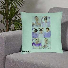 Perna Personalizata K-pop BTS Colaj 7 Portrete cu Inimi Lila, 40x40 cm, Verde Menta, Husa Detasabila, Perna Inclusa, BEKZ®