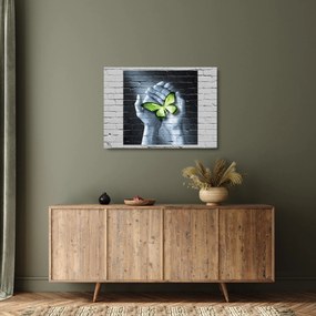 Tablou pe sticlă - Fluture verde în perete (70x50 cm)