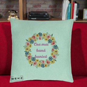 Cadou pentru Bunica - Perna Personalizata Cea Mai Buna Bunica Coronita Flori Multicolore, 40x40 cm, Verde Menta, Husa Detasabila, Perna Inclusa, BEKZ®