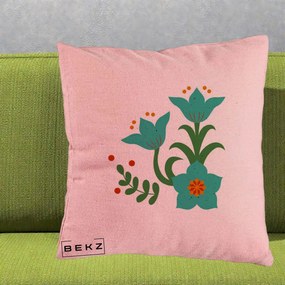 Perna Decorativa Flori Stilizate Folk Turcoaz, 40x40 cm, Roz, Husa Detasabila, Perna Inclusa, BEKZ®