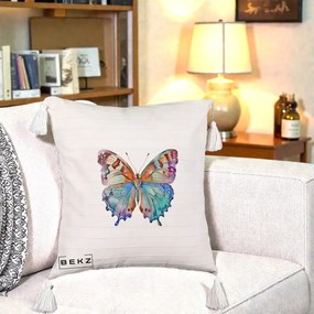 Perna Decorativa Fluture Acuarela Multicolor Portocaliu-Bleu-Mov, 40x40 cm, Bej cu Franjuri, Husa Detasabila, Perna Inclusa, BEKZ®