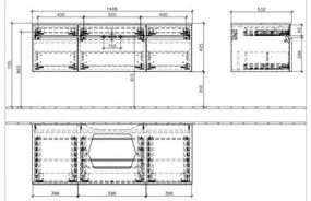 Dulap baza suspendat cu blat sticla, Memento Villeroy&amp;Boch, lavoar centru, 140.6x53.5x42.5cm, alb/gri, C25500MT