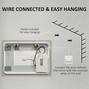 Kleankin Oglinda LED, Oglinda de Machiaj de Perete cu 3 Lumini, 800x600mm, Tactilă, Anti-Ceță, Montare Orizontală/Verticală | Aosom Romania