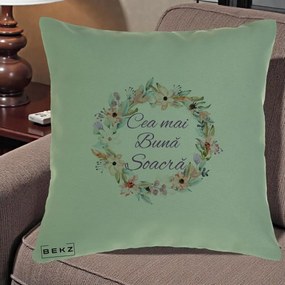 Cadou pentru Soacra - Perna Personalizata Cea mai Buna Soacra cu Coronita Flori Boho Pastel, 40x40 cm, Verde, Husa Detasabila, Perna Inclusa, BEKZ®