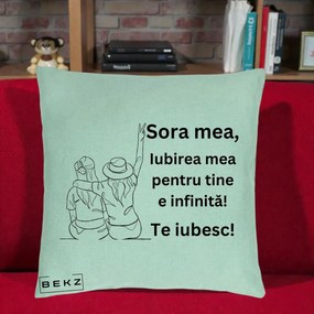 Cadou pentru Sora - Perna Personalizata Sora Mea Te Iubesc Line Art Portrete Colorate, 40x40 cm, Verde Menta, Husa Detasabila, Perna Inclusa, BEKZ®