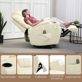 HOMCOM Scaun de relaxare cu funcție de masaj, spătar ajustabil, bază rotativă, până la 150 kg, piele ecologică, Crem | Aosom Romania