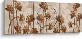 Tablou cu abstracția florilor - maro (cu ceas) (90x30 cm)