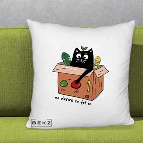 Perna Decorativa Pisica in Cutie No Desire to Fit In, 40x40 cm, Alb Pufos, Husa Detasabila, Perna Inclusa, BEKZ®