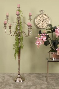 Sfeșnic de podea din aluminiu, argintiu, candelabru înalt cu 9 brațe, pentru lumânări lungi, finisaj nichelat, 182 x 80 cm, „Opéra”