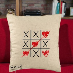 Cadou Romantic - Perna Personalizata Love Joc X si Inima cu Castigator Iubire, 40x40 cm, Bej, Husa Detasabila, Perna Inclusa, BEKZ®