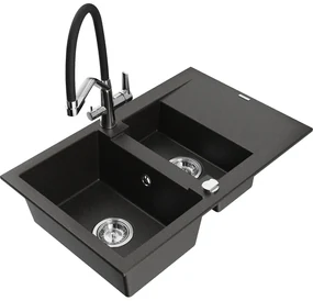Mexen Gaspar chiuvetă de bucătărie din granit 1,5 camere cu scurgător și baterie Duo, negru/auriu metalic - 6507-75-671701-07