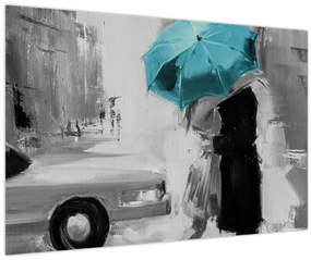 Tablou - Cuplu în dragoste cu umbrelă, albastru (90x60 cm)