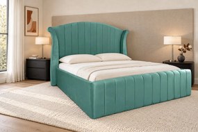 Pat tapițat din catifea Sorella Simple Line 140×200 cm, verde marin, cu ladă de depozitare