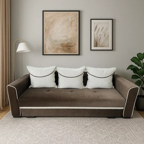 Canapea LILI extensibila, 3 locuri, cu lada de depozitare, catifea maro + crem , 220x95x80 Maro + Crem, Catifea